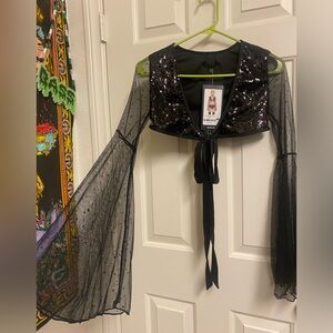 Black sequin wrap top sheer Flare sleeves Dollskill